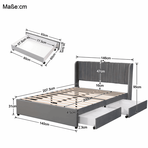 Cama 140x200cm com 2 gavetas - estofo em veludo - estilo moderno - Cinzento Cama 140x200cm com 2 gavetas - estofo em veludo - estilo moderno - Cinzento