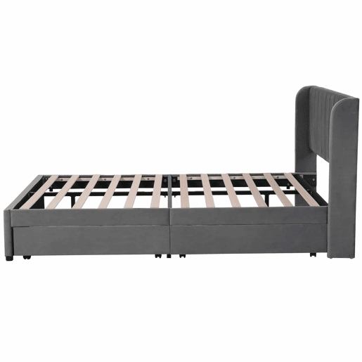 Cama 140x200cm com 2 gavetas - estofo em veludo - estilo moderno - Cinzento Cama 140x200cm com 2 gavetas - estofo em veludo - estilo moderno - Cinzento