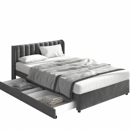 Cama 140x200cm com 2 gavetas - estofo em veludo - estilo moderno - Cinzento Cama 140x200cm com 2 gavetas - estofo em veludo - estilo moderno - Cinzento