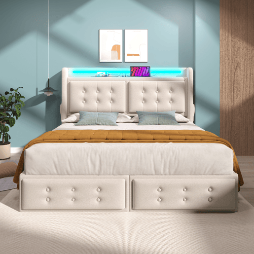 Cama de adulto 160x200cm em tecido de linho - com LED e portas de carregamento - 4 gavetas - Bege
