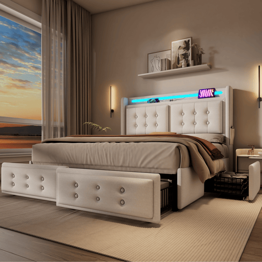 Cama de adulto 160x200cm em tecido de linho - com LED e portas de carregamento - 4 gavetas - Bege