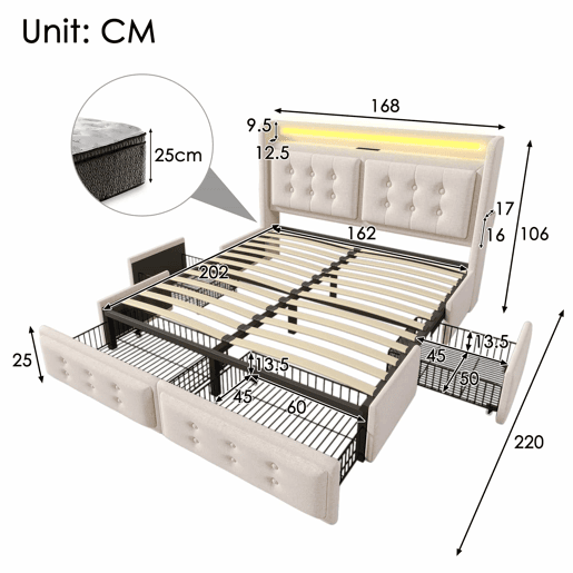 Cama de adulto 160x200cm em tecido de linho - com LED e portas de carregamento - 4 gavetas - Bege