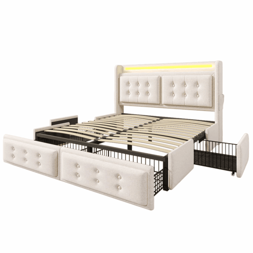 Cama de adulto 160x200cm em tecido de linho - com LED e portas de carregamento - 4 gavetas - Bege