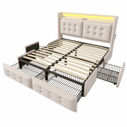 Cama de adulto 160x200cm em tecido de linho - com LED e portas de carregamento - 4 gavetas - Bege