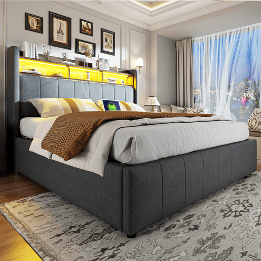 Cómoda estofada em linho 160x200 cm - com LED + tomadas - Cinzento Cómoda estofada em linho 160x200 cm - com LED + tomadas - Cinzento