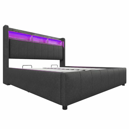 Cómoda estofada em linho 160x200 cm - com LED + tomadas - Cinzento Cómoda estofada em linho 160x200 cm - com LED + tomadas - Cinzento