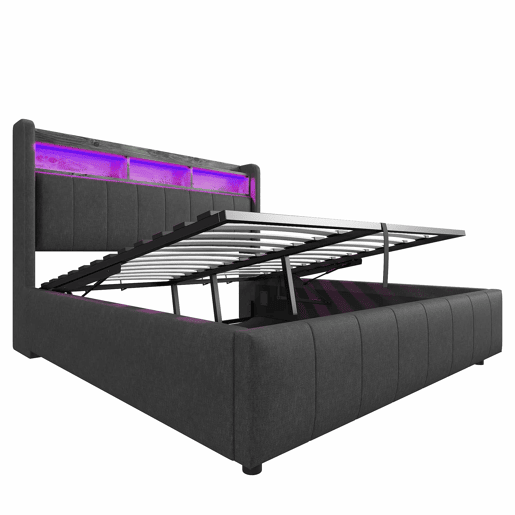 Cómoda estofada em linho 160x200 cm - com LED + tomadas - Cinzento Cómoda estofada em linho 160x200 cm - com LED + tomadas - Cinzento