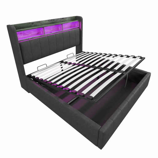 Cómoda estofada em linho 160x200 cm - com LED + tomadas - Cinzento Cómoda estofada em linho 160x200 cm - com LED + tomadas - Cinzento