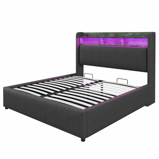 Cómoda estofada em linho 160x200 cm - com LED + tomadas - Cinzento Cómoda estofada em linho 160x200 cm - com LED + tomadas - Cinzento