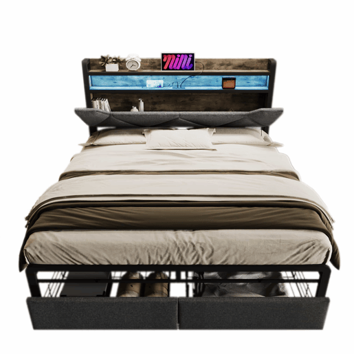 Cama com gaveta 160x200cm estofada em tecido de linho - com LED e portas de carregamento - Cinzento Cama com gaveta 160x200cm estofada em tecido de linho - com LED e portas de carregamento - Cinzento