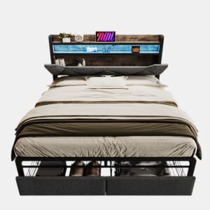 Cama com gaveta 160x200cm estofada em tecido de linho - com LED e portas de carregamento - Cinzento