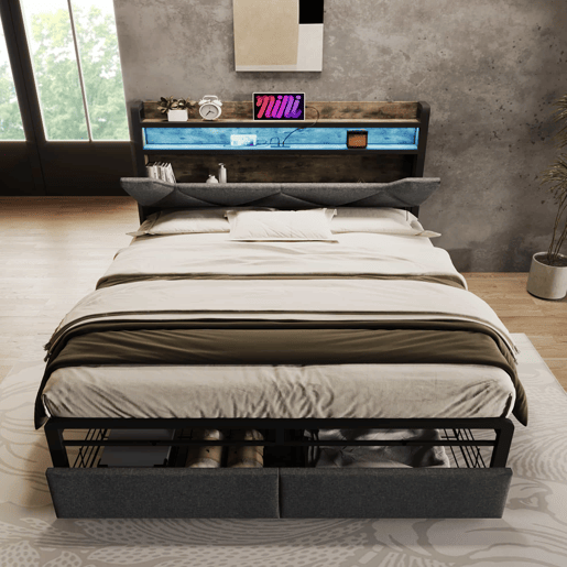 Cama com gaveta 160x200cm estofada em tecido de linho - com LED e portas de carregamento - Cinzento Cama com gaveta 160x200cm estofada em tecido de linho - com LED e portas de carregamento - Cinzento