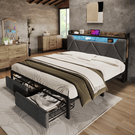 Cama com gaveta 160x200cm estofada em tecido de linho - com LED e portas de carregamento - Cinzento Cama com gaveta 160x200cm estofada em tecido de linho - com LED e portas de carregamento - Cinzento