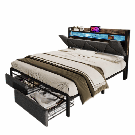 Cama com gaveta 160x200cm estofada em tecido de linho - com LED e portas de carregamento - Cinzento Cama com gaveta 160x200cm estofada em tecido de linho - com LED e portas de carregamento - Cinzento
