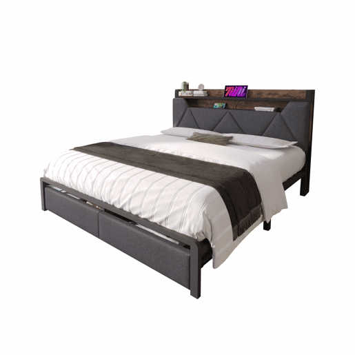 Cama com gaveta 160x200cm estofada em tecido de linho - com LED e portas de carregamento - Cinzento Cama com gaveta 160x200cm estofada em tecido de linho - com LED e portas de carregamento - Cinzento