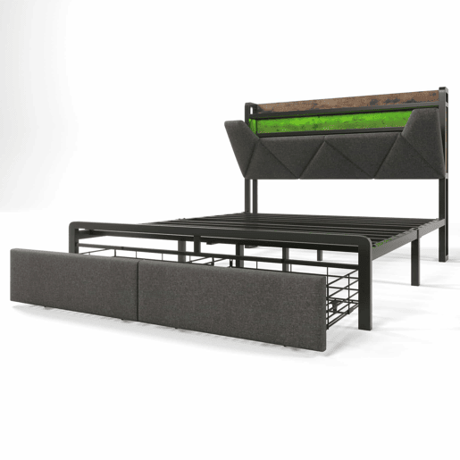 Cama com gaveta 160x200cm estofada em tecido de linho - com LED e portas de carregamento - Cinzento Cama com gaveta 160x200cm estofada em tecido de linho - com LED e portas de carregamento - Cinzento