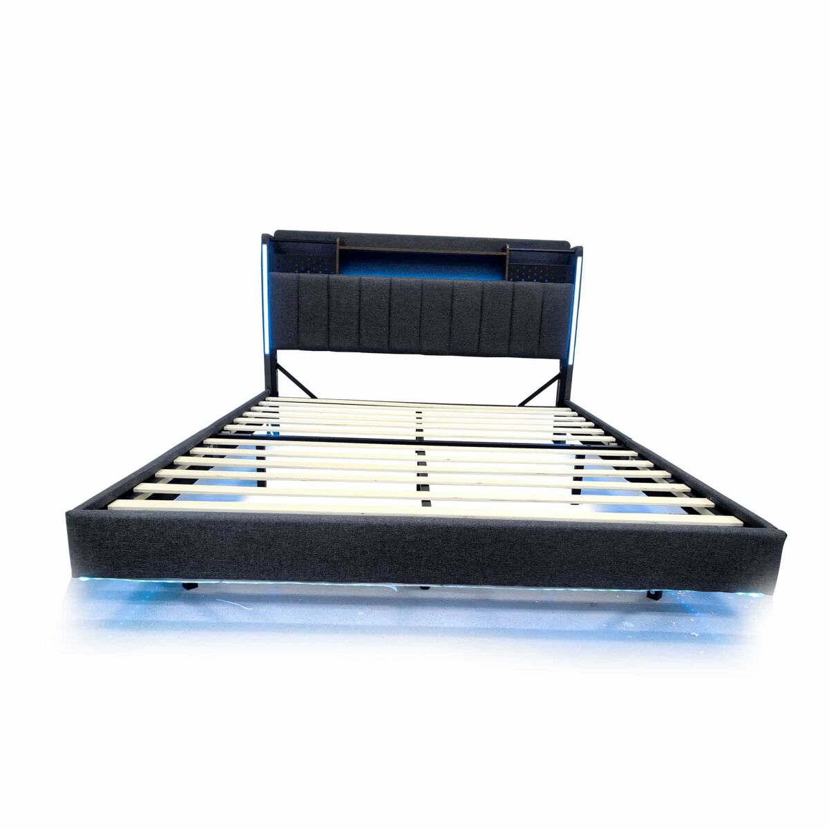 Cama de tela de lino 160x200 cm - con toma usb y somier - gris