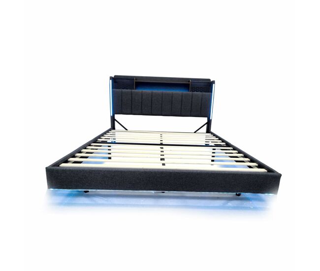 Cama de tela de lino 160x200 cm - con toma usb y somier - gris