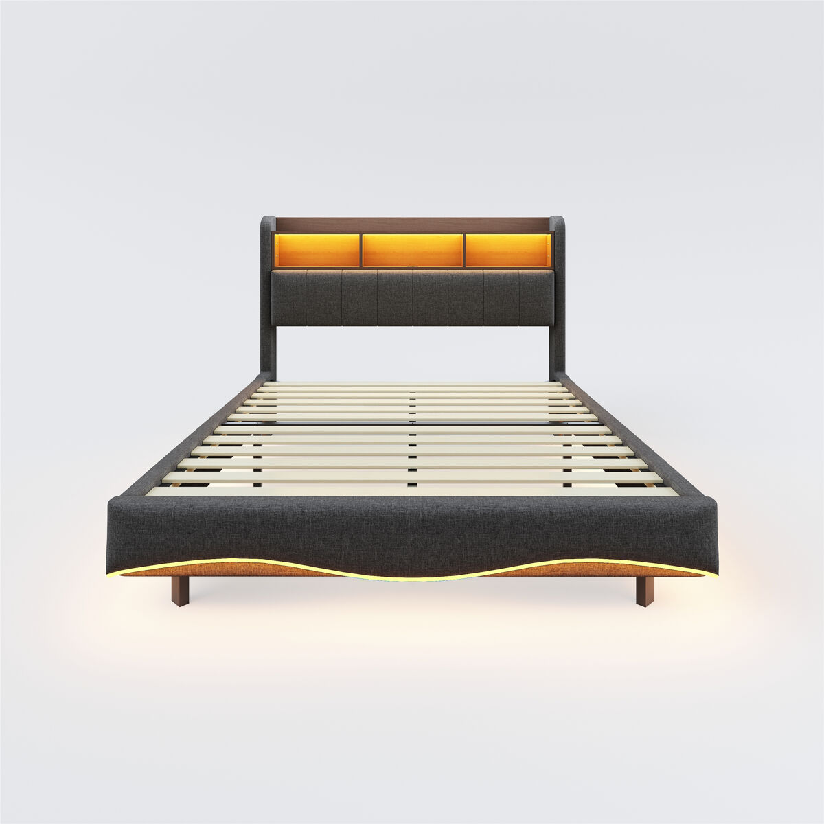 Cama de adulto 160x200 cm en tejido de lino - cabecero con almacenaje con led y enchufes - gris