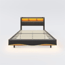 Cama de adulto 160x200 cm em tecido de linho - cabeceira com arrumação com LED e fichas - Cinzento