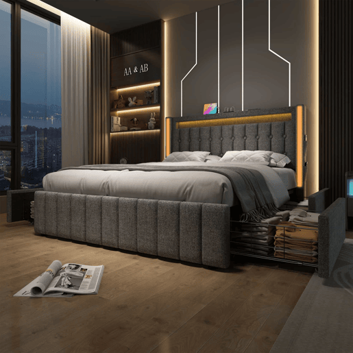 Cama com 2 gavetas 160x200cm estofada em linho - com função de carga e iluminação LED - Cinzento Cama com 2 gavetas 160x200cm estofada em linho - com função de carga e iluminação LED - Cinzento