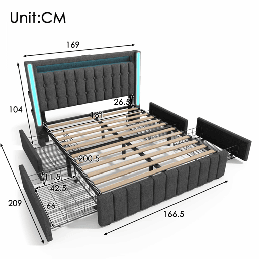 Cama com 2 gavetas 160x200cm estofada em linho - com função de carga e iluminação LED - Cinzento Cama com 2 gavetas 160x200cm estofada em linho - com função de carga e iluminação LED - Cinzento