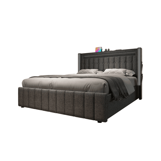 Cama com 2 gavetas 160x200cm estofada em linho - com função de carga e iluminação LED - Cinzento Cama com 2 gavetas 160x200cm estofada em linho - com função de carga e iluminação LED - Cinzento