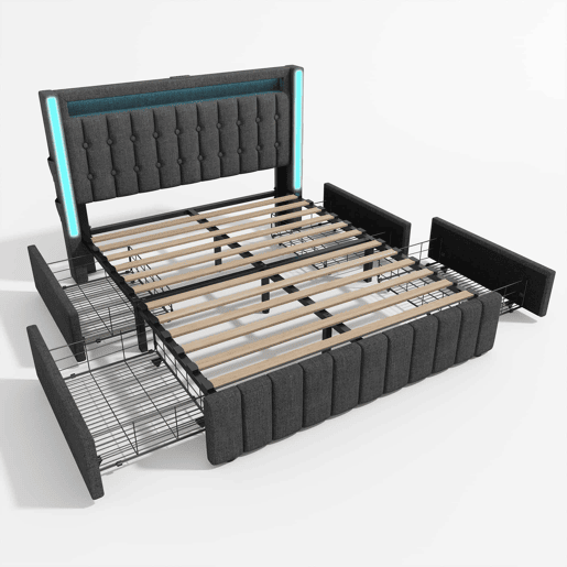 Cama com 2 gavetas 160x200cm estofada em linho - com função de carga e iluminação LED - Cinzento Cama com 2 gavetas 160x200cm estofada em linho - com função de carga e iluminação LED - Cinzento