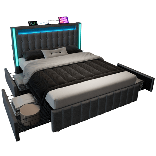Cama com 2 gavetas 160x200cm estofada em linho - com função de carga e iluminação LED - Cinzento Cama com 2 gavetas 160x200cm estofada em linho - com função de carga e iluminação LED - Cinzento