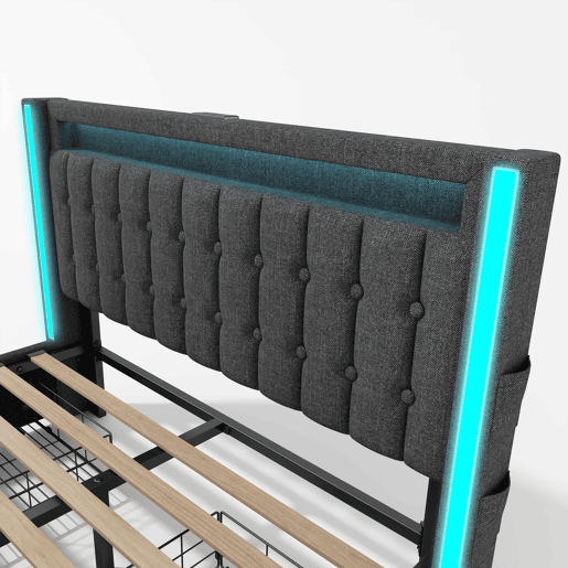 Cama com 2 gavetas 160x200cm estofada em linho - com função de carga e iluminação LED - Cinzento Cama com 2 gavetas 160x200cm estofada em linho - com função de carga e iluminação LED - Cinzento