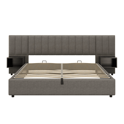 Cama contentora em tecido de linho 180x200 cm - com 2 mesas de cabeceira e estrado de molas - Cinzento