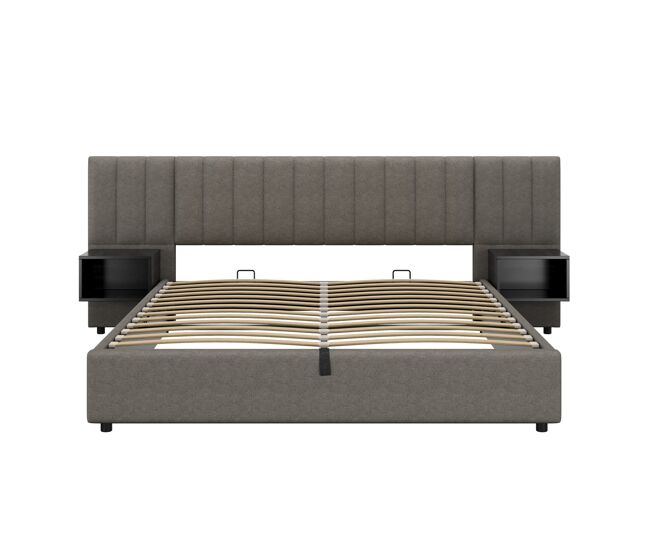 Cama contenedor de tela de lino de 180x200 cm - con 2 mesitas de noche y somier - gris