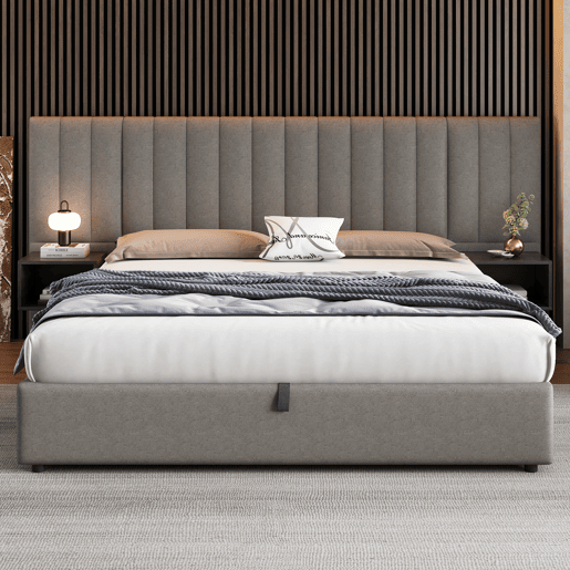 Cama contentora em tecido de linho 180x200 cm - com 2 mesas de cabeceira e estrado de molas - Cinzento