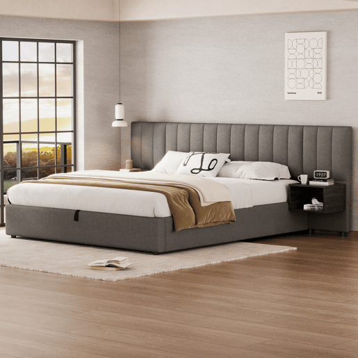 Cama contentora em tecido de linho 180x200 cm - com 2 mesas de cabeceira e estrado de molas - Cinzento