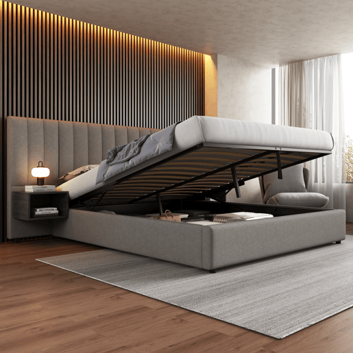 Cama contentora em tecido de linho 180x200 cm - com 2 mesas de cabeceira e estrado de molas - Cinzento