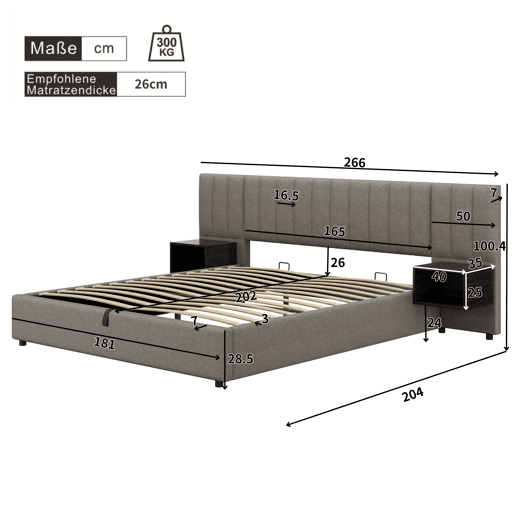 Cama contentora em tecido de linho 180x200 cm - com 2 mesas de cabeceira e estrado de molas - Cinzento