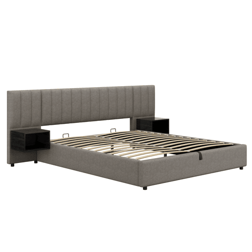 Cama contentora em tecido de linho 180x200 cm - com 2 mesas de cabeceira e estrado de molas - Cinzento
