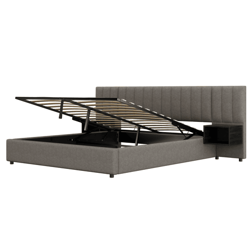 Cama contentora em tecido de linho 180x200 cm - com 2 mesas de cabeceira e estrado de molas - Cinzento