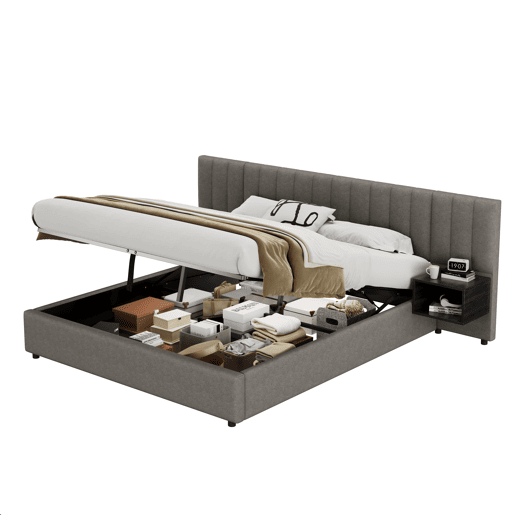 Cama contentora em tecido de linho 180x200 cm - com 2 mesas de cabeceira e estrado de molas - Cinzento