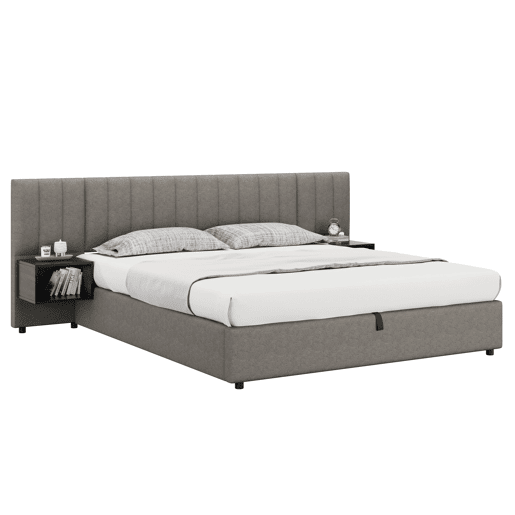 Cama contentora em tecido de linho 180x200 cm - com 2 mesas de cabeceira e estrado de molas - Cinzento