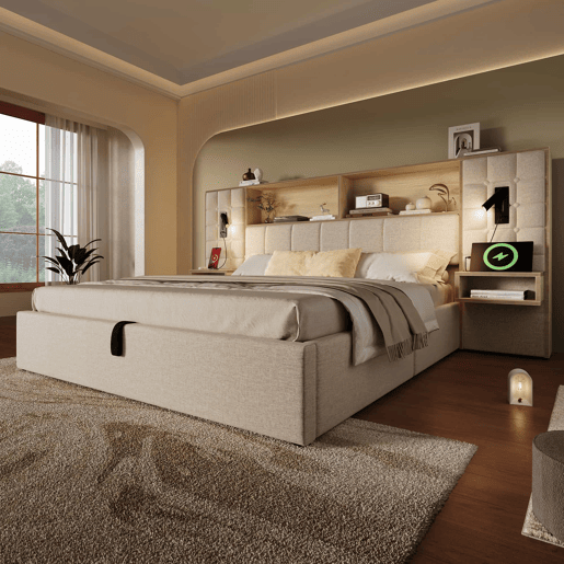 Cama estofada 160x200 cm - com espaço de arrumação, LED, 2 candeeiros de leitura, 2 mesas de cabeceira integradas, porta USB Type-C, tecido de linho, sistema de cama - bege