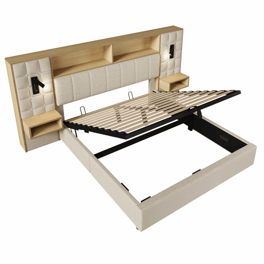 Cama estofada 160x200 cm - com espaço de arrumação, LED, 2 candeeiros de leitura, 2 mesas de cabeceira integradas, porta USB Type-C, tecido de linho, sistema de cama - bege