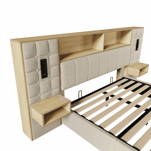 Cama estofada 160x200 cm - com espaço de arrumação, LED, 2 candeeiros de leitura, 2 mesas de cabeceira integradas, porta USB Type-C, tecido de linho, sistema de cama - bege