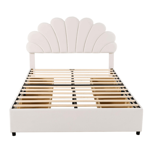 Cama de casal estofada em veludo com 4 gavetas - 140x200cm - cabeceira em forma de flor - com estrado de molas - Bege Cama de casal estofada em veludo com 4 gavetas - 140x200cm - cabeceira em forma de flor - com estrado de molas - Bege