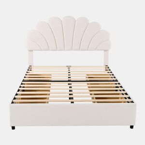 Cama de casal estofada em veludo com 4 gavetas - 140x200cm - cabeceira em forma de flor - com estrado de molas - Bege