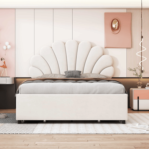 Cama de casal estofada em veludo com 4 gavetas - 140x200cm - cabeceira em forma de flor - com estrado de molas - Bege Cama de casal estofada em veludo com 4 gavetas - 140x200cm - cabeceira em forma de flor - com estrado de molas - Bege