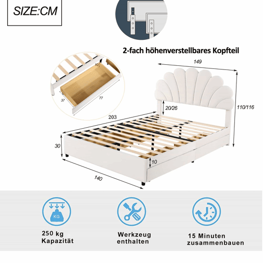 Cama de casal estofada em veludo com 4 gavetas - 140x200cm - cabeceira em forma de flor - com estrado de molas - Bege Cama de casal estofada em veludo com 4 gavetas - 140x200cm - cabeceira em forma de flor - com estrado de molas - Bege