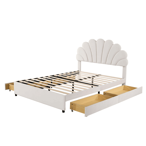Cama de casal estofada em veludo com 4 gavetas - 140x200cm - cabeceira em forma de flor - com estrado de molas - Bege Cama de casal estofada em veludo com 4 gavetas - 140x200cm - cabeceira em forma de flor - com estrado de molas - Bege