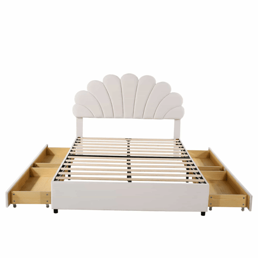 Cama de casal estofada em veludo com 4 gavetas - 140x200cm - cabeceira em forma de flor - com estrado de molas - Bege Cama de casal estofada em veludo com 4 gavetas - 140x200cm - cabeceira em forma de flor - com estrado de molas - Bege