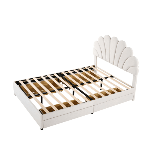 Cama de casal estofada em veludo com 4 gavetas - 140x200cm - cabeceira em forma de flor - com estrado de molas - Bege Cama de casal estofada em veludo com 4 gavetas - 140x200cm - cabeceira em forma de flor - com estrado de molas - Bege